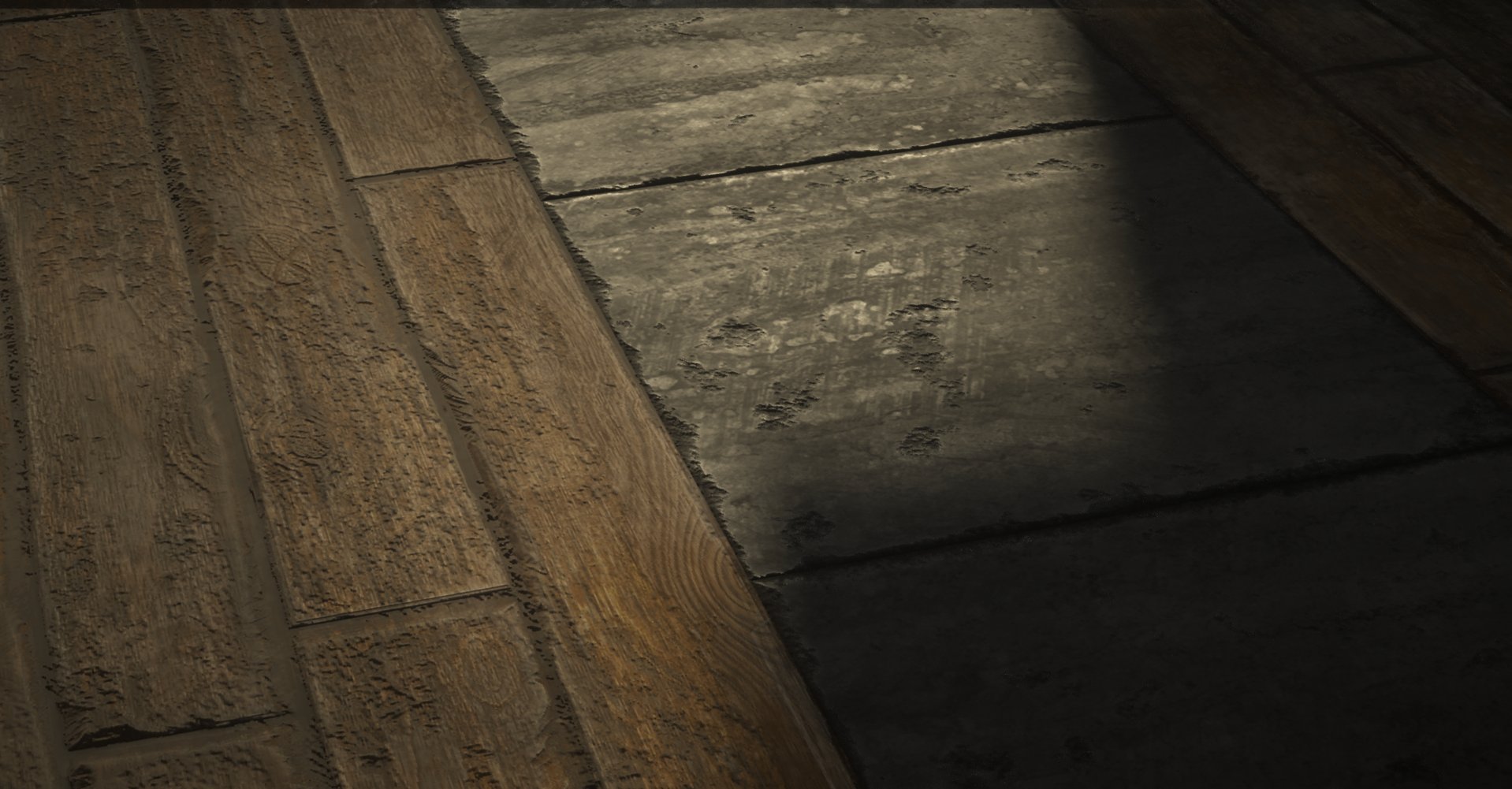Close-up of wooden and stone flooring, with natural wood grain visible on the wood and textured stone surface.