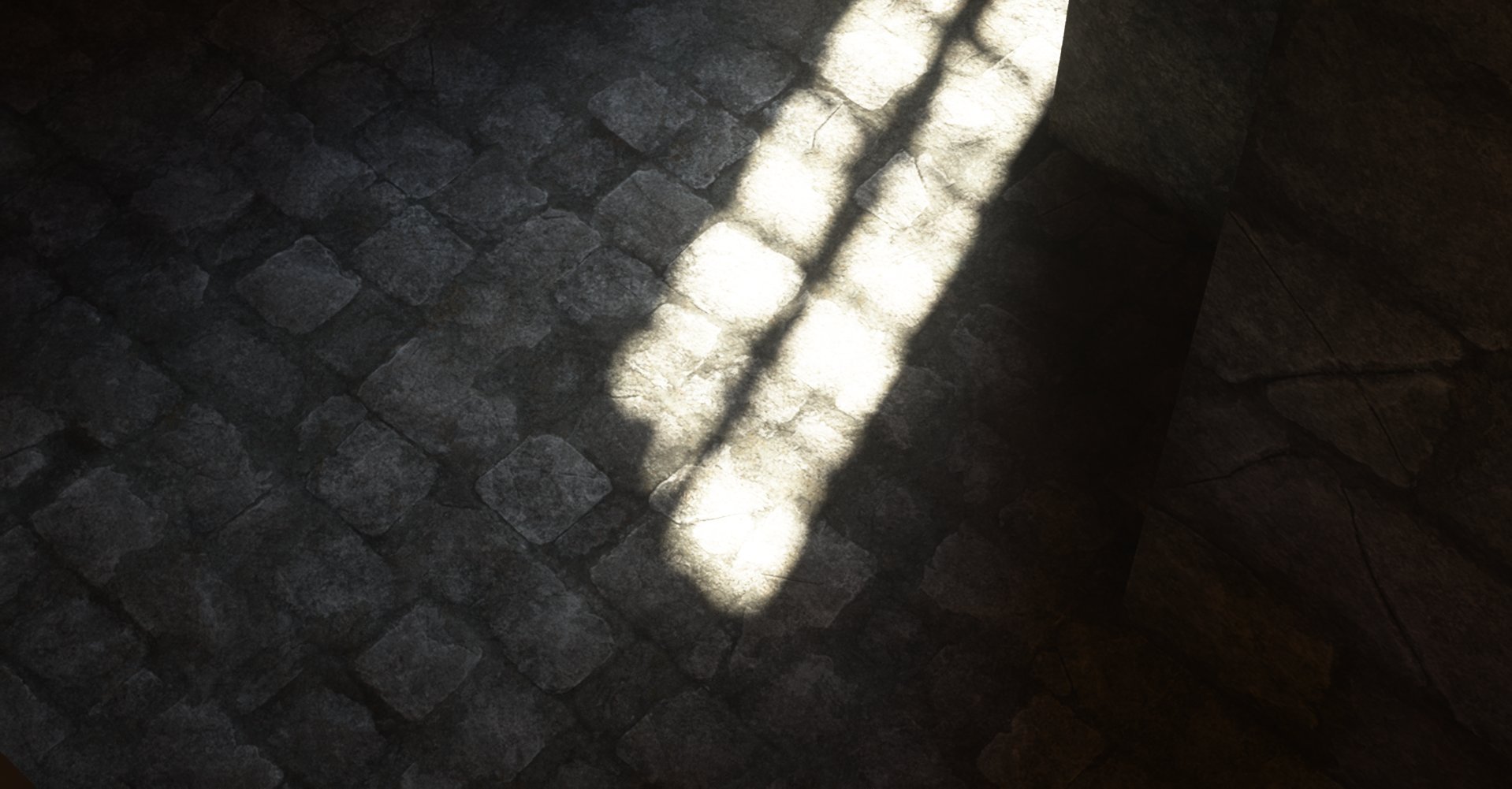 Sunlight illuminating a cobblestone street through a window, creating a pattern of light and shadow