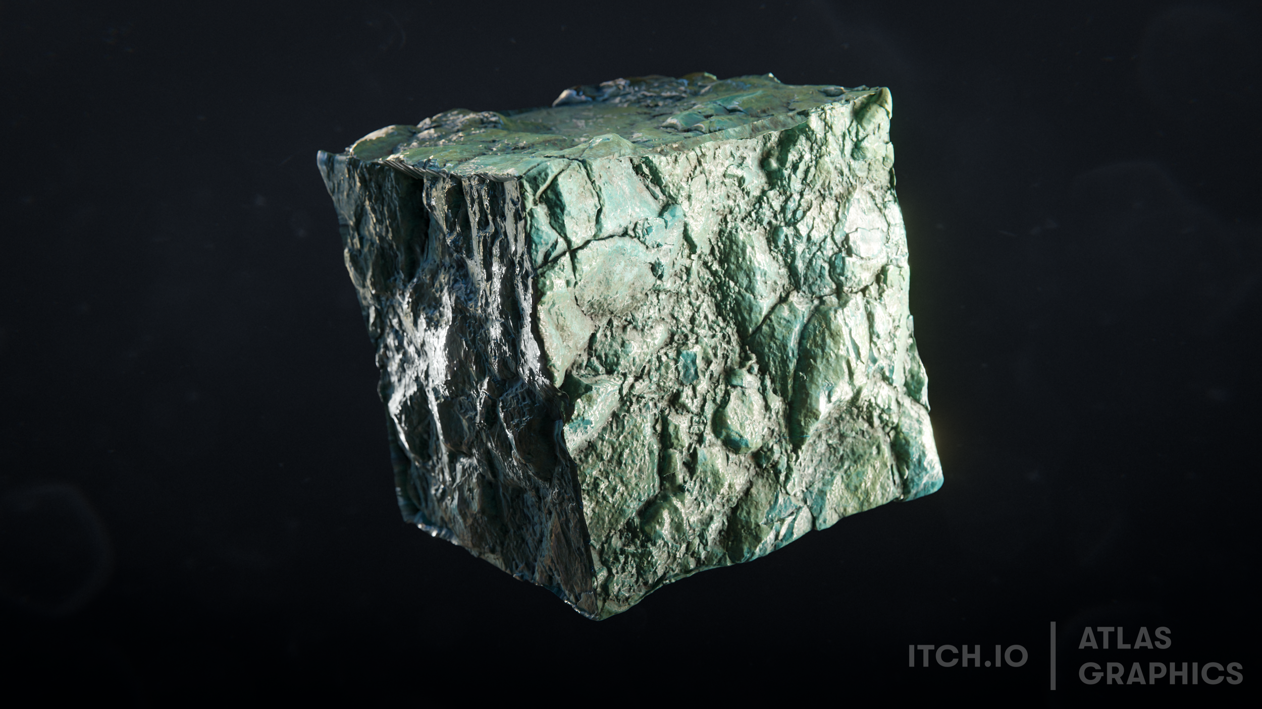 A detailed close-up of a rough, greenish-gray mineral or rock cube with a cracked surface, floating against a dark background.