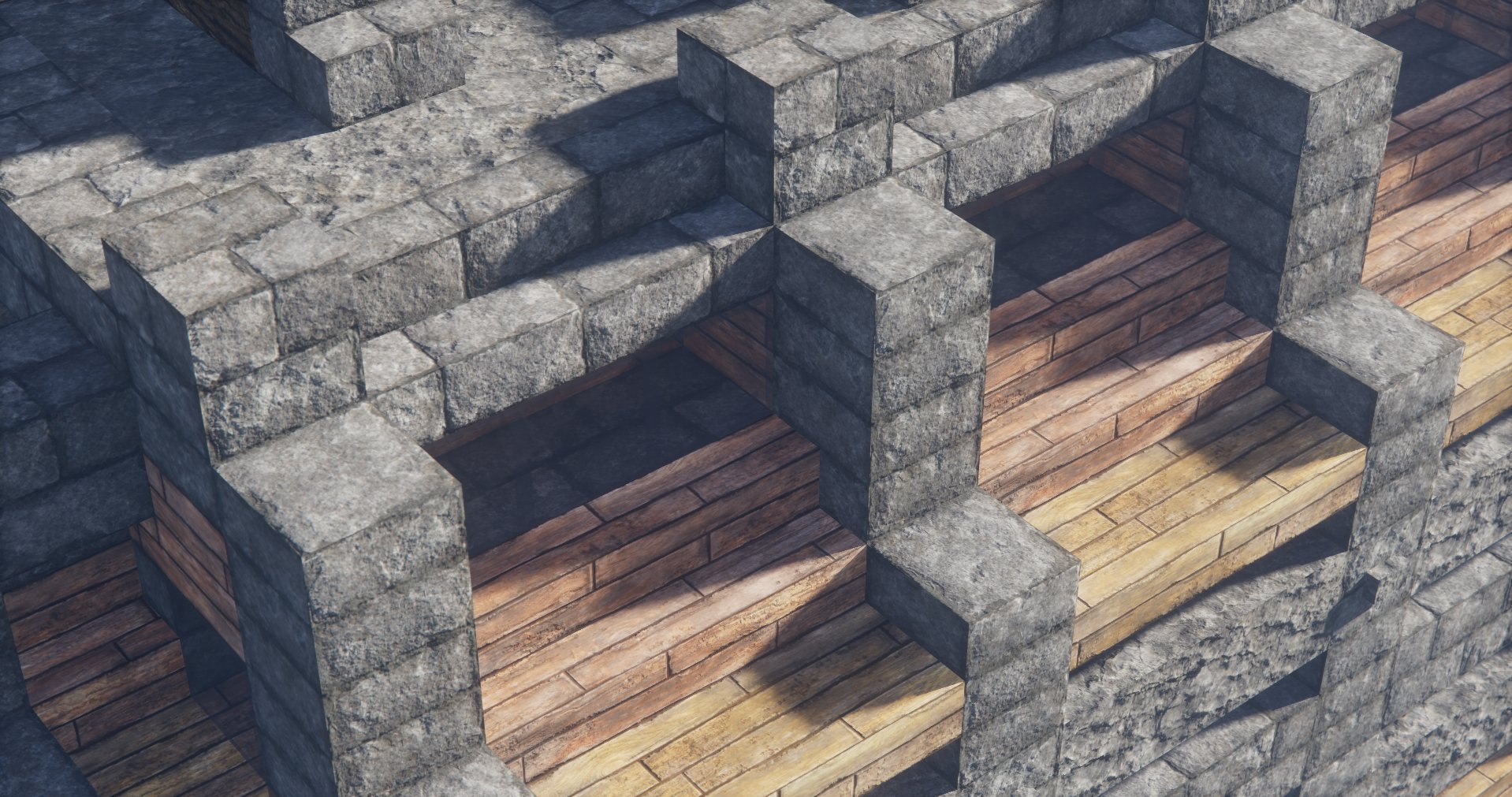 A detailed 3D rendering of a stone castle wall with battlements and wooden floors inside.