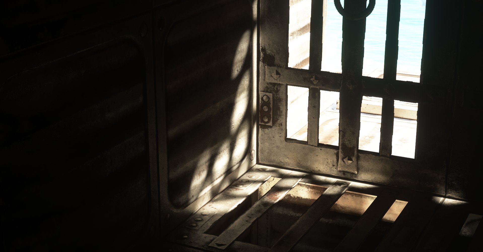 View inside a dark, metal prison cell with sunlight casting shadows through the barred window onto the floor and wall.