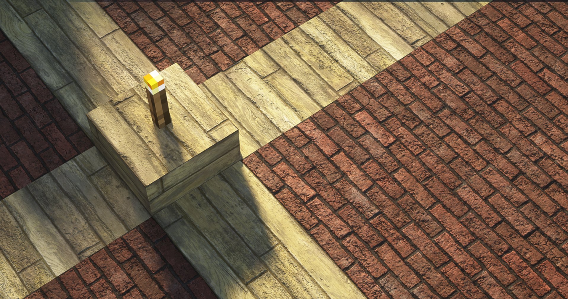 A pixelated torch on a wooden block on a surface of mixed brick and wooden flooring.