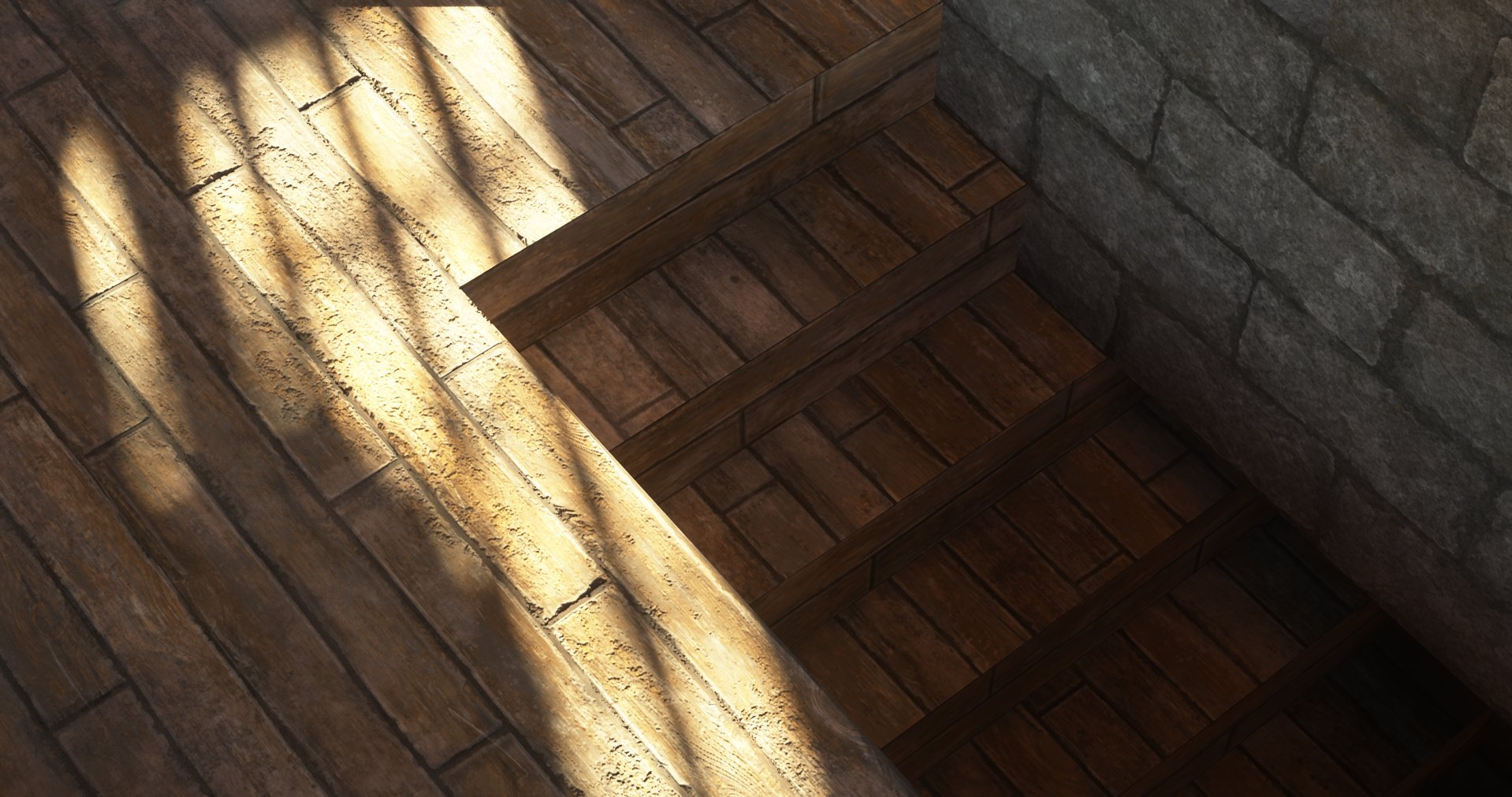 Close-up view of wooden flooring and a section of stone wall with built-in wooden steps, illuminated by warm lighting.