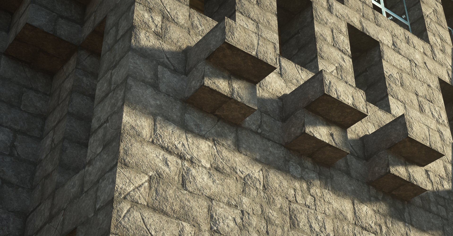 Close-up of a stone building facade with protruding stone blocks creating a pattern and casting shadows.