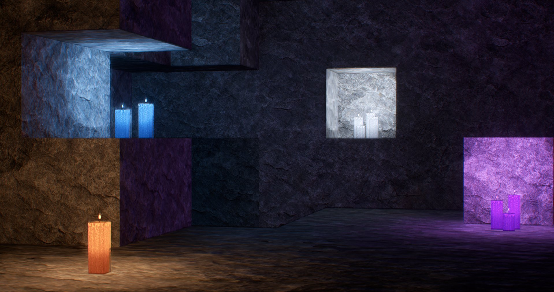 A dimly lit stone room with lit candles of various colors and sizes, arranged in front of square niches in the wall illuminated with colored light.