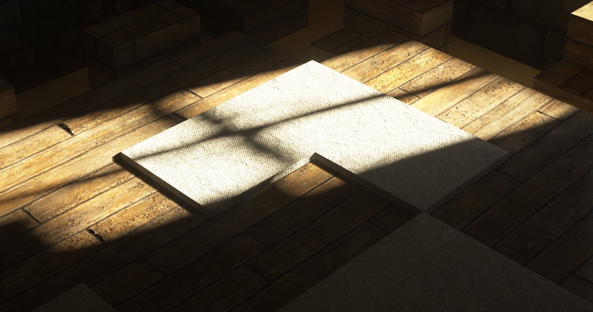 Sunlight casting shadows over a tiled floor with beige and brown tiles.