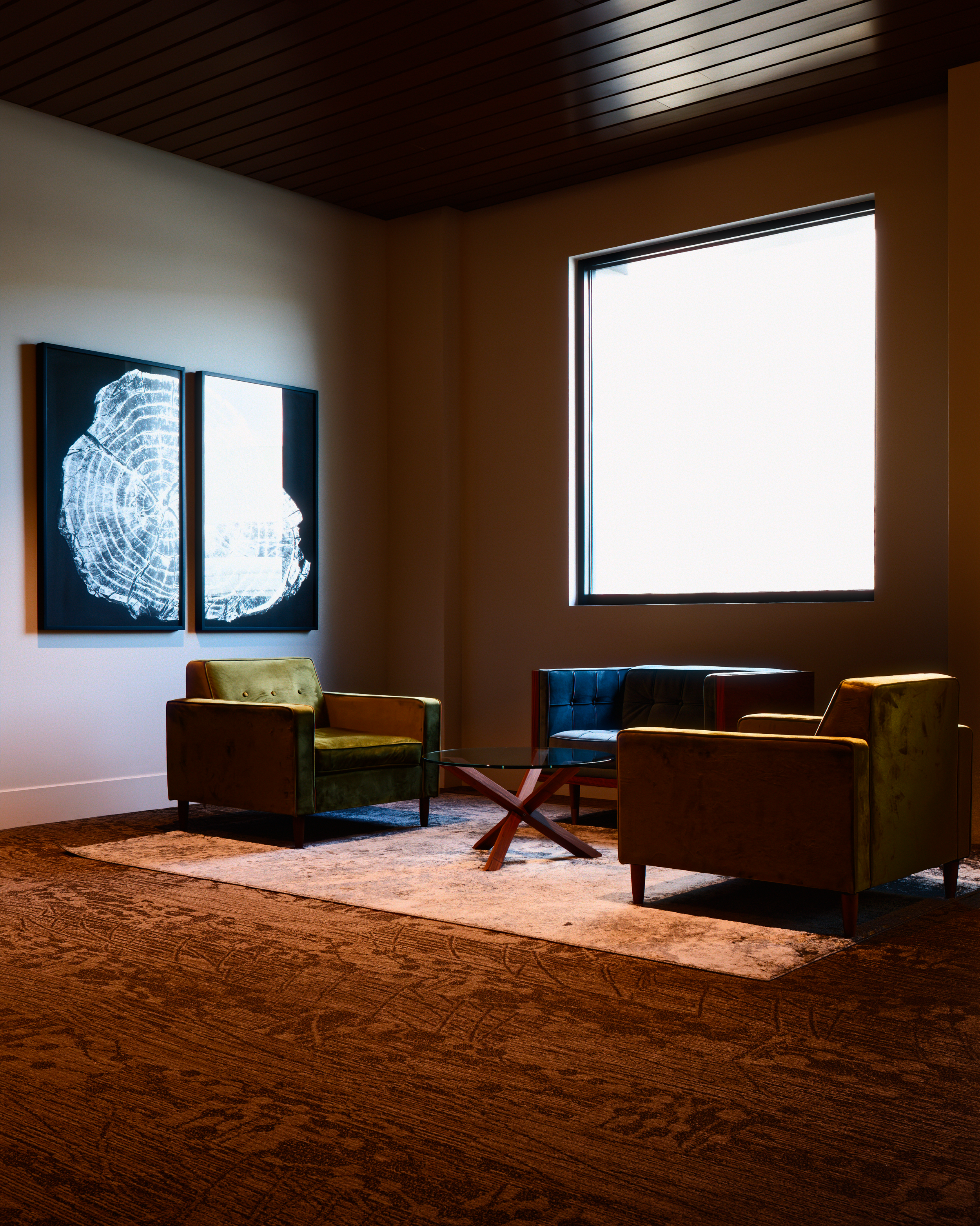 Close-up photo of the intersection of a blue modern building with vertical siding and a red brick building, casting shadows against a clear blue sky.