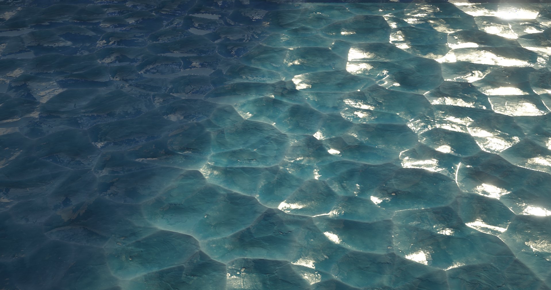 Aerial view of a large expanse of blue ice floating on the ocean surface, with sunlight reflecting off the ice.