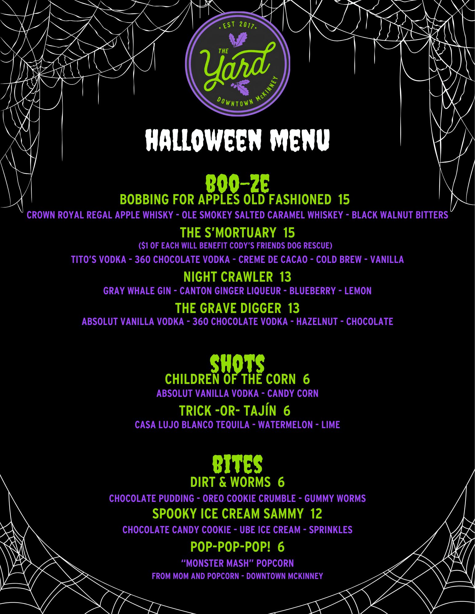 A Halloween-themed menu with a black background and white spider webs in the corners. The menu lists various drinks and snacks, with titles in bright green and purple text, including options like 'BOO-ZE,' 'THE S'MORTUARY,' 'NIGHT CRAWLER,' 'THE GRAVE DIGGER,' 'SHOTS,' 'BITES,' and 'POP-POP-POP!'.