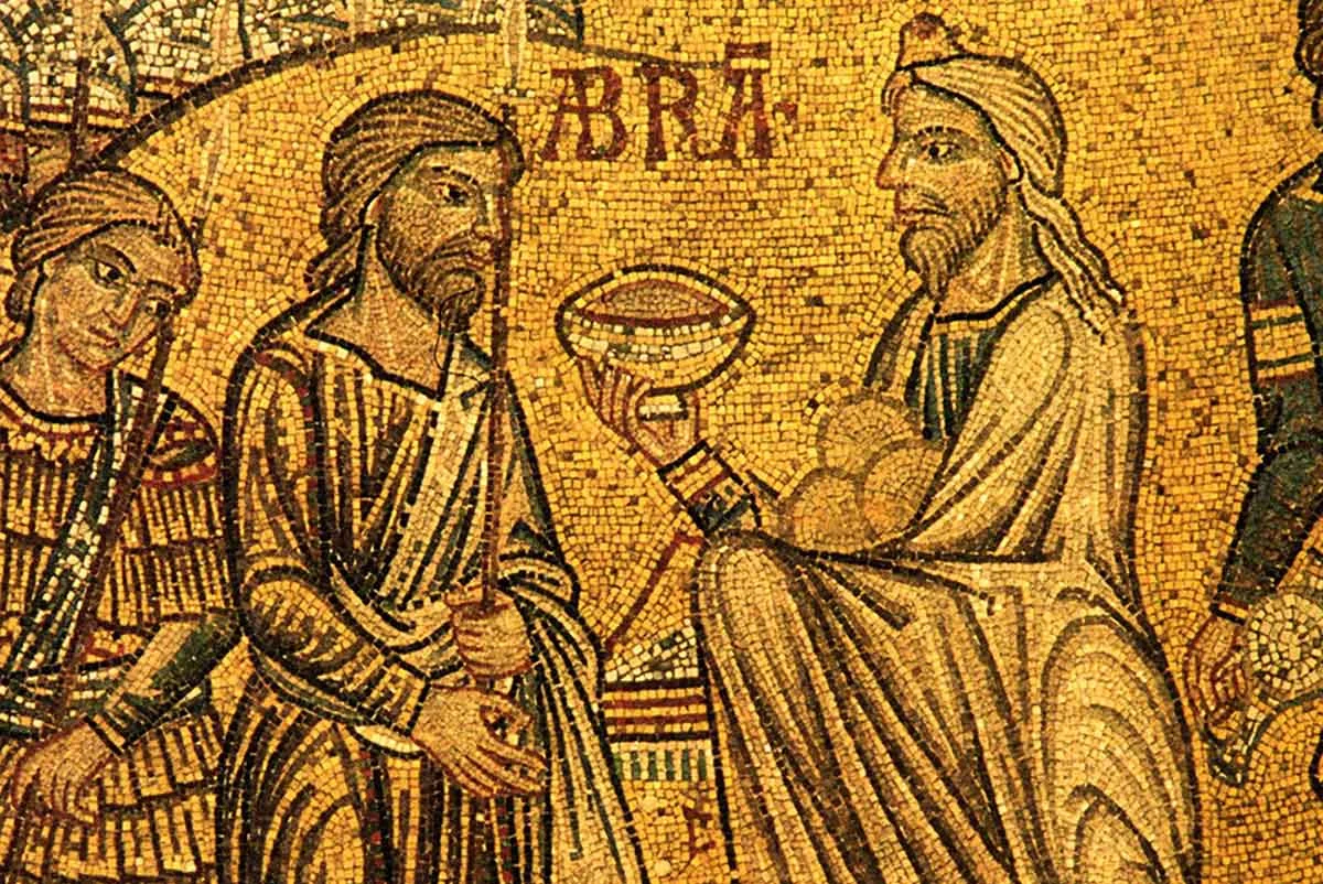 Melchizedek meets Abraham, and offers a sacrifice of Bread and Wine.