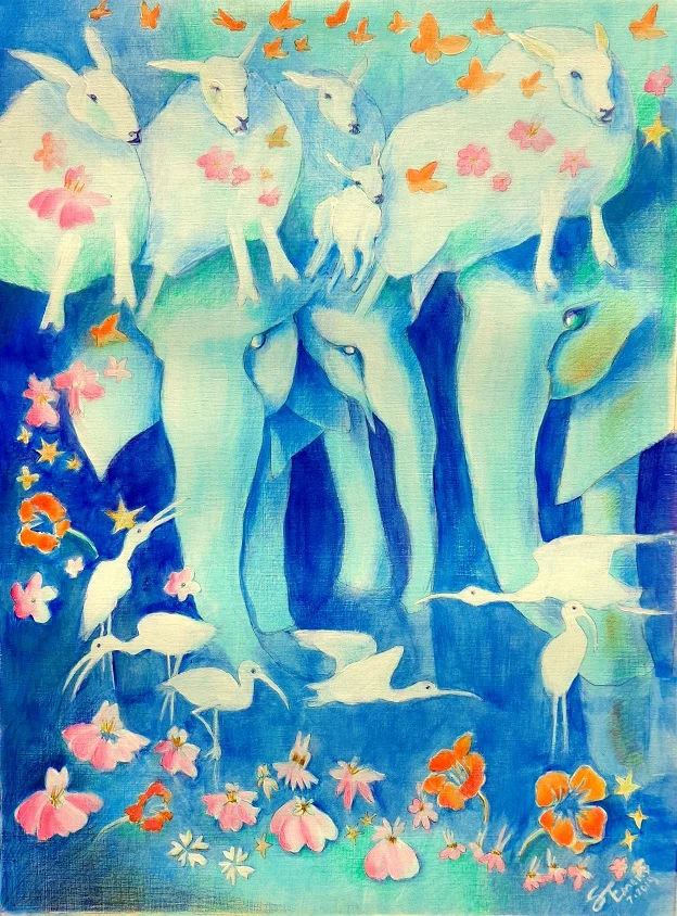 Sheep, Elephants, Ibis, Monkey Flowers and Nasturtiums
