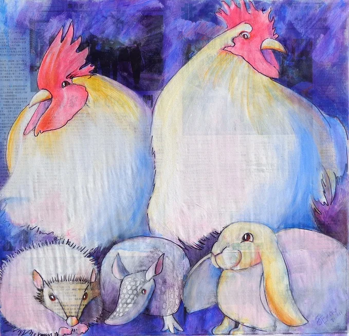 Next Newsprint Painting - Chickens and Friends