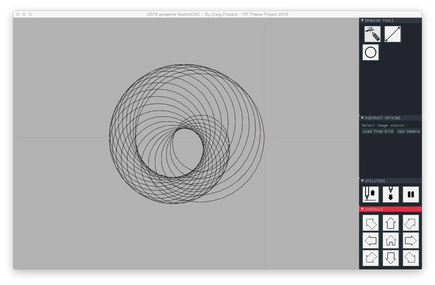 Screenshot of the prototype Graphical User Interface ( GUI ) showing three simple tools: the pencil, the line, and the circle.