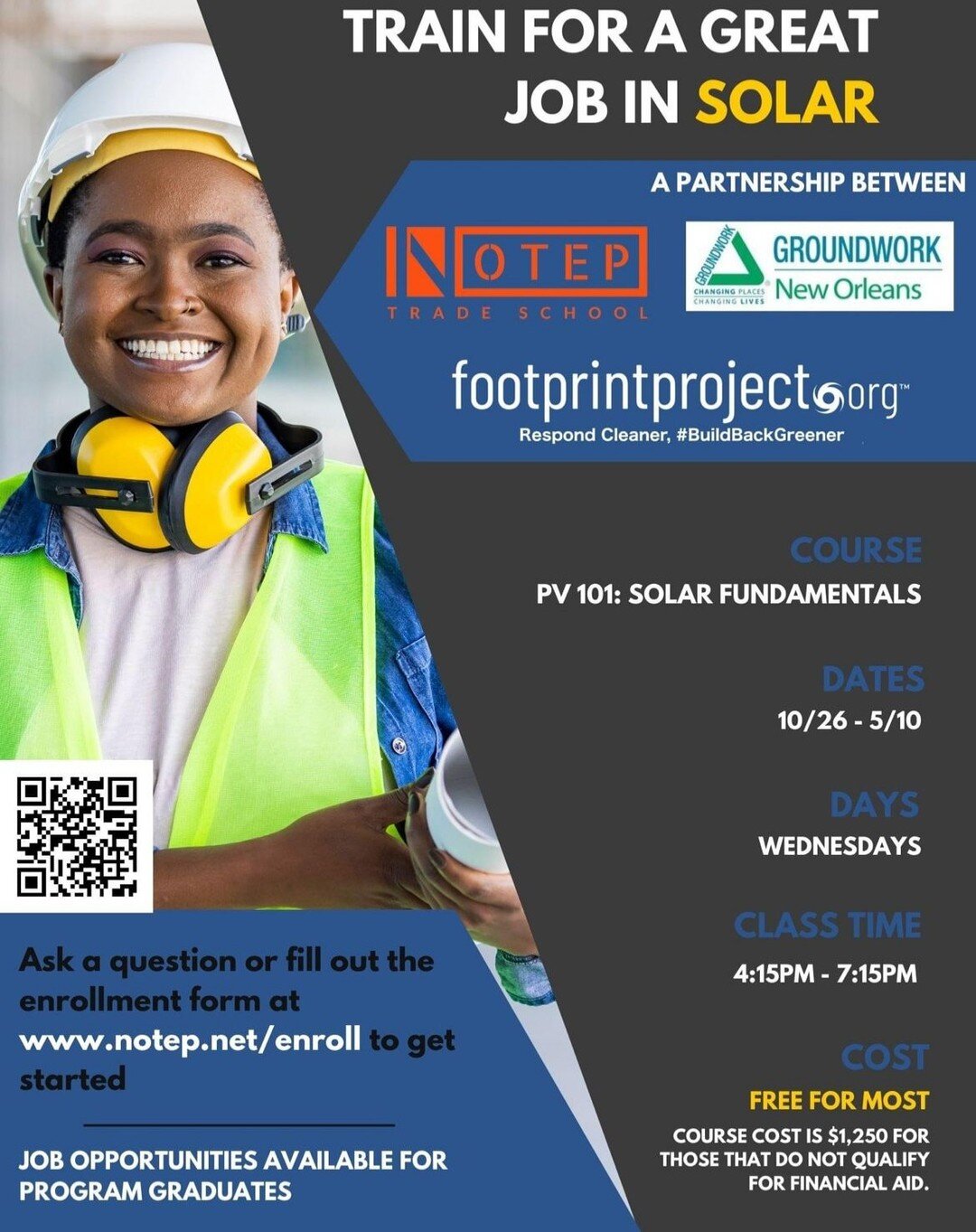 Hey #NOLA friends! Our partners at @notepnola and @groundworknola still have a few open slots for our first ever PV 101: Solar Training! Go to notep.net/enroll for more info