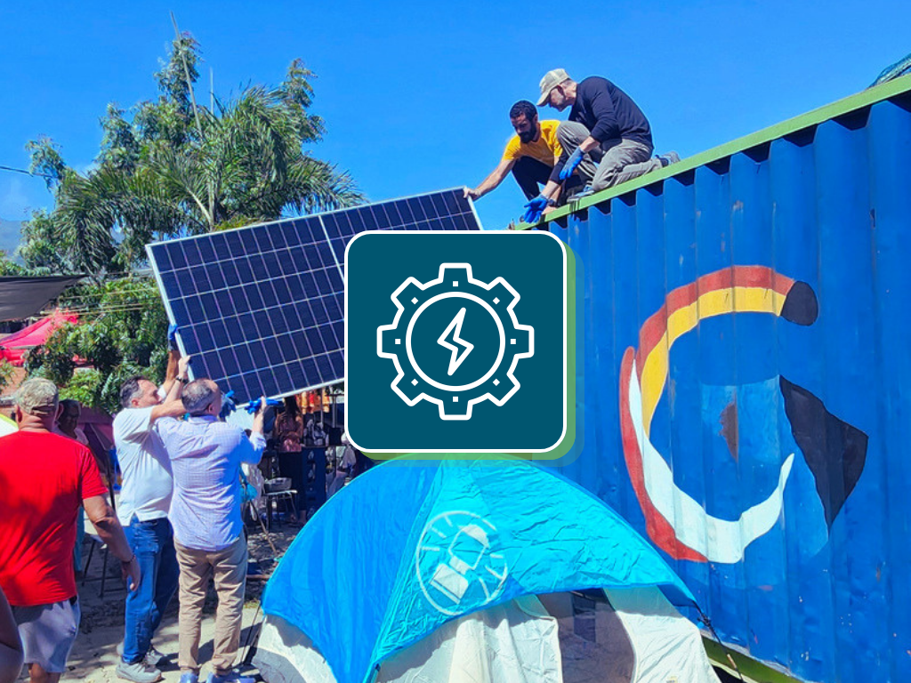 Group of people installing solar panels on top of a shipping container as part of the disaster response efforts in Venezuela. In the center of the image is an icon of a gear with a lightening bolt in the middle.