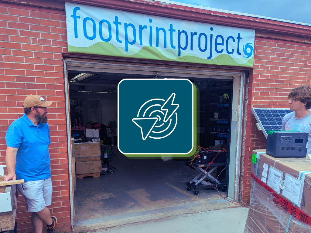 Photo of staff members under a Footprint Project banner. In the center of a photo is an icon of a bulleseye with a lightening bolt - representing impact.