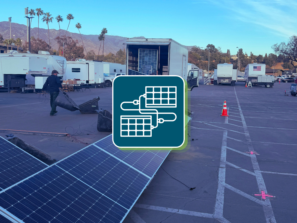 Solar panels being unloaded off a truck as part of the disaster response in LA. In the center of the image is an icon of two connected solar panels representing partners.