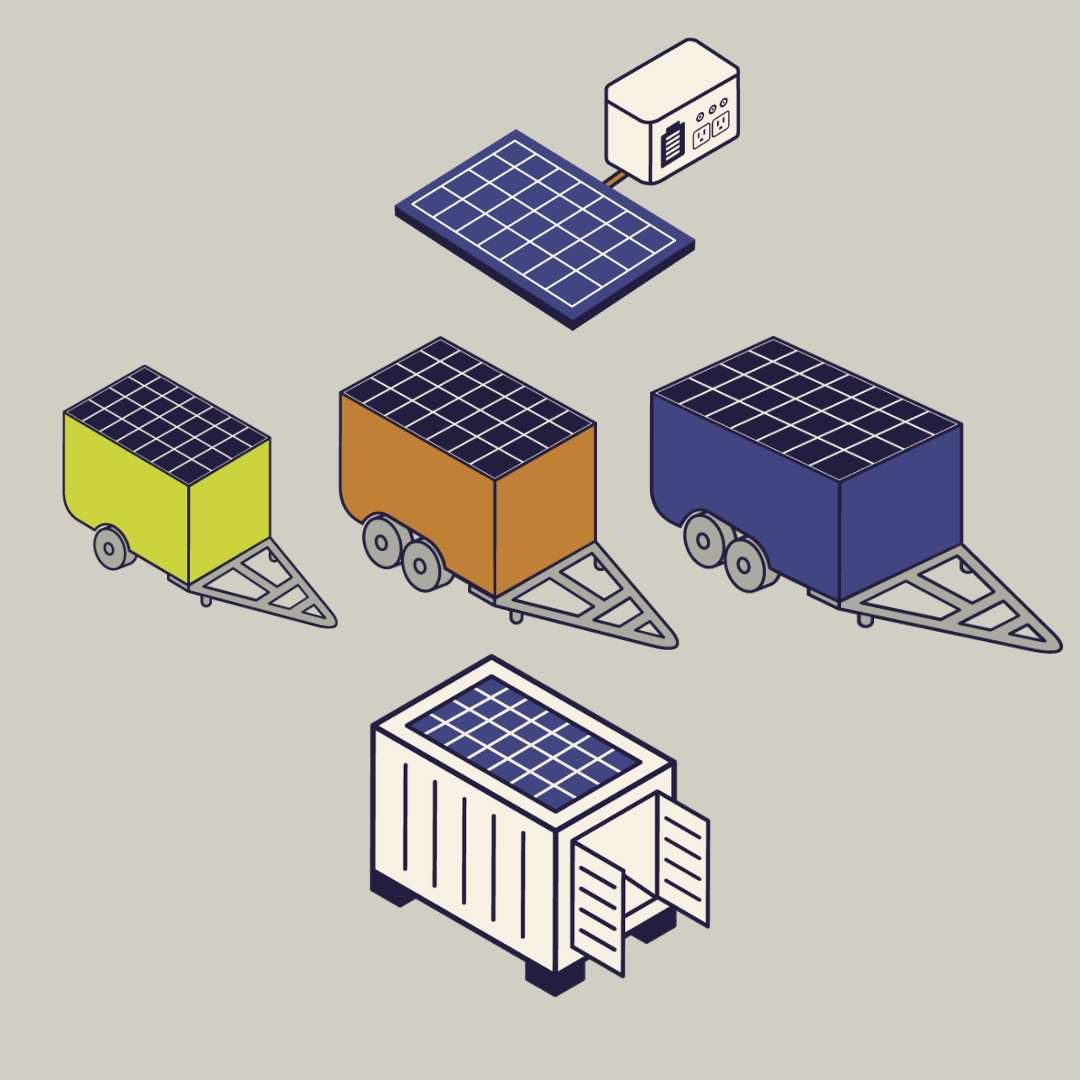 Illustration of solar power equipment, including three mobile solar generator units in yellow, orange, and blue, a solar panel, an inverter, and a battery storage system.