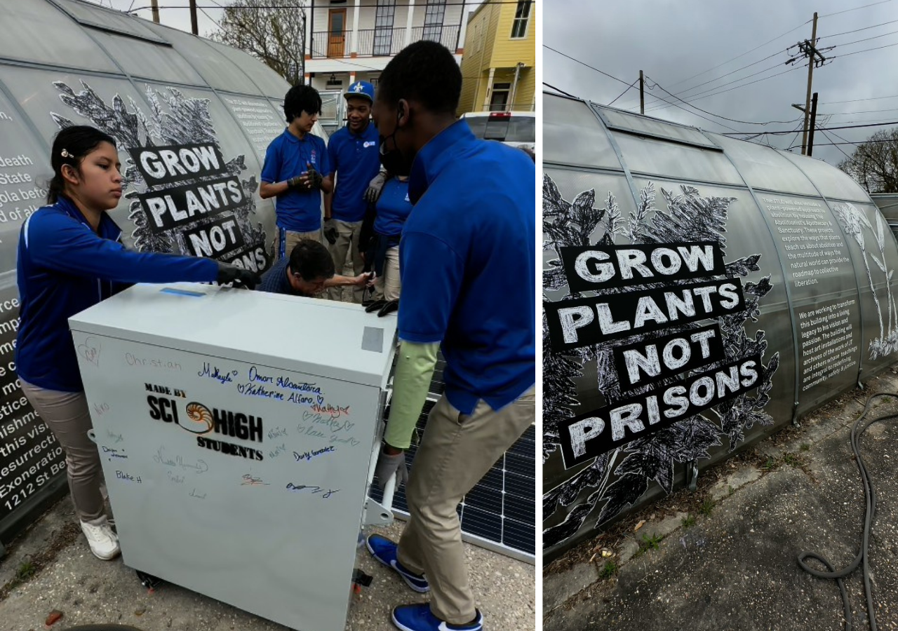 Students work on installing a solar generator for a community garden