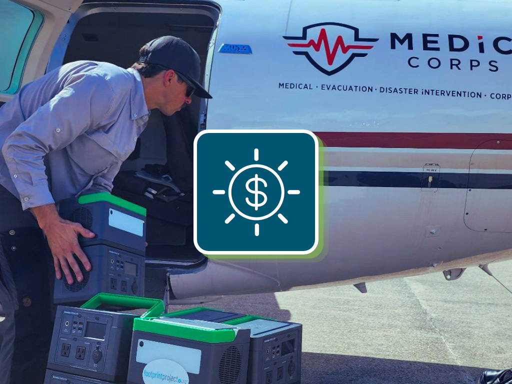 Individual loading batteries into a Medic Corps plane for disaster response. There is a sun icon with a dollar sign in the center to represent making a donation.