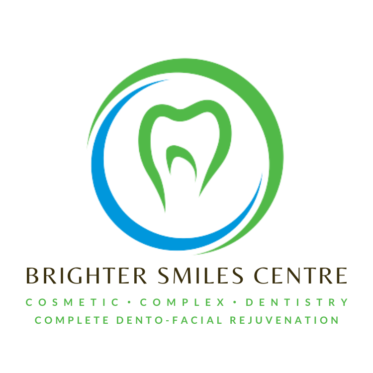 Logo for Brighter Smiles Centre featuring a stylized tooth encased in a green and blue circular design, with text promoting cosmetic, complex, and dentistry services, and complete dento-facial rejuvenation.
