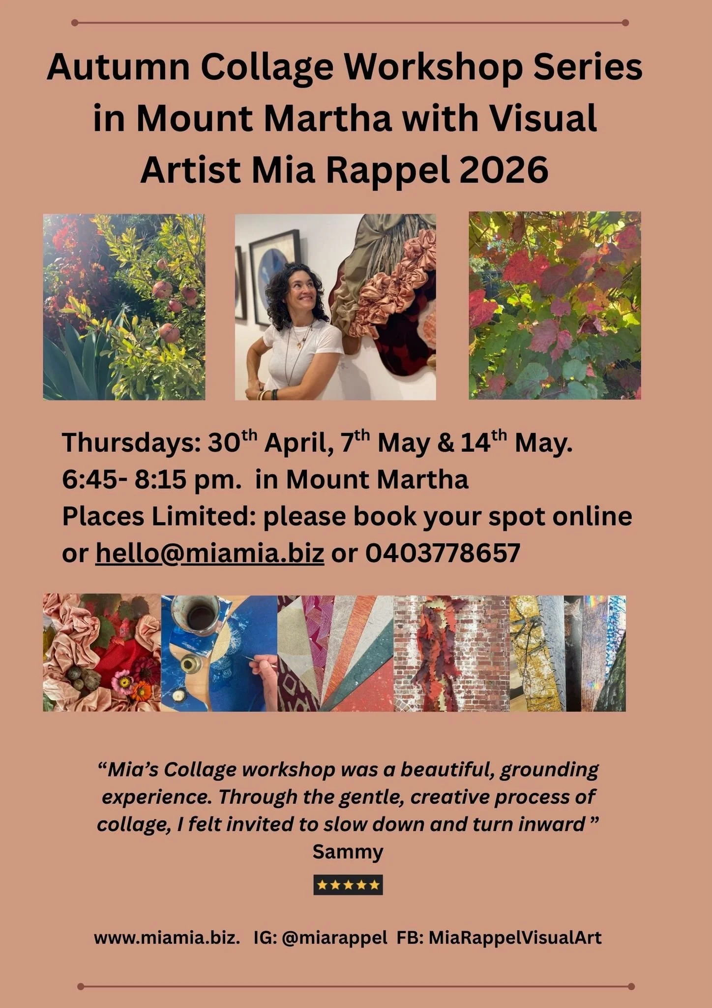 3 weeks of autumnal creative goodness coming up, relax into the Autumn Collage Workshop Series starting 30 th April, in Mt Martha, tea, snacks, chats and candles around the art table ☺ https://www.miamia.biz/artclasses/autumnworkshop26