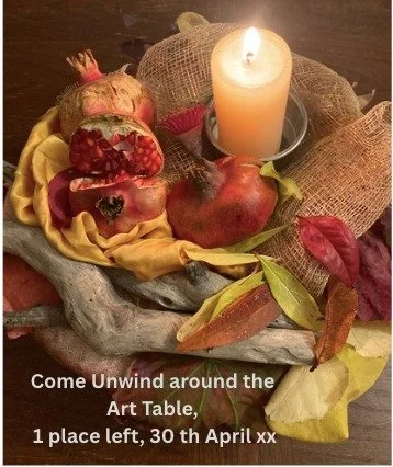 Twilight, Candles, Tea, Papers, Art Materials,  The Art Table and Time ❤ Make some space for gentle creativity and join me for our Autumn Collage Series, 3 evenings starting Thursday 30 th April. DM or book direct online xx https://www.miamia.biz/art