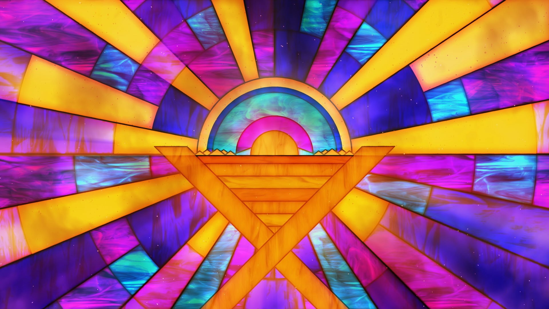 A stained-glass picture of a manger, with gold rays and rainbow arches in purple, blue and pink glass.