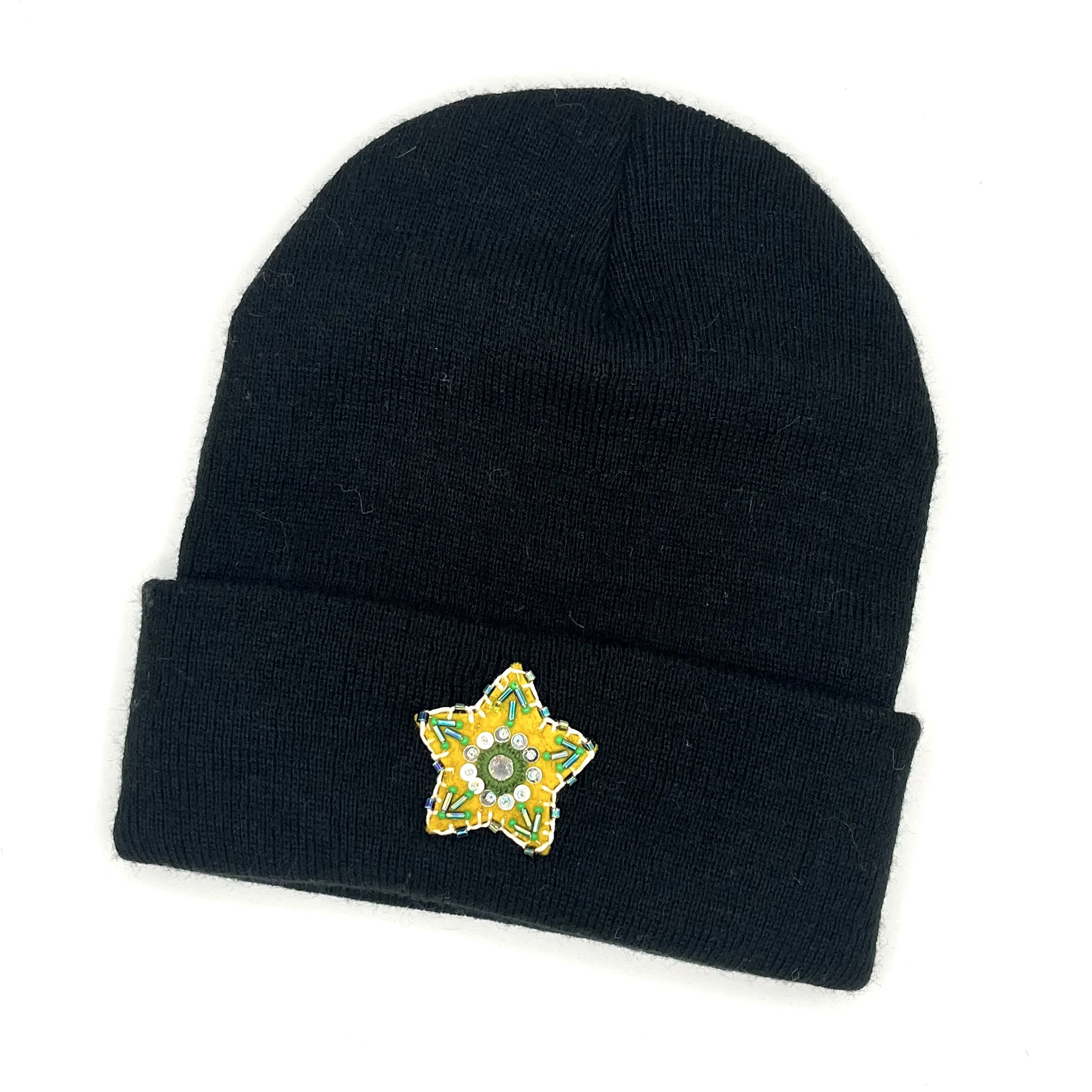Knit Cap with Hand-Embroidered Star Patch (Adult, One Size)—by Najeeba