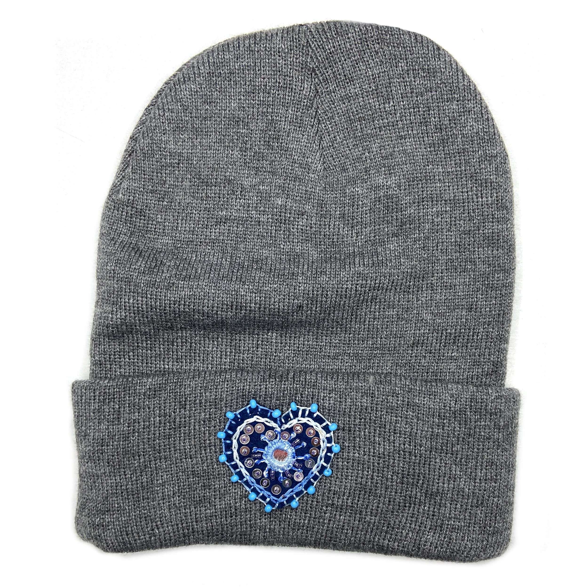 Knit Cap with Hand-Embroidered Heart Patch (Adult, One Size)—by Najeeba