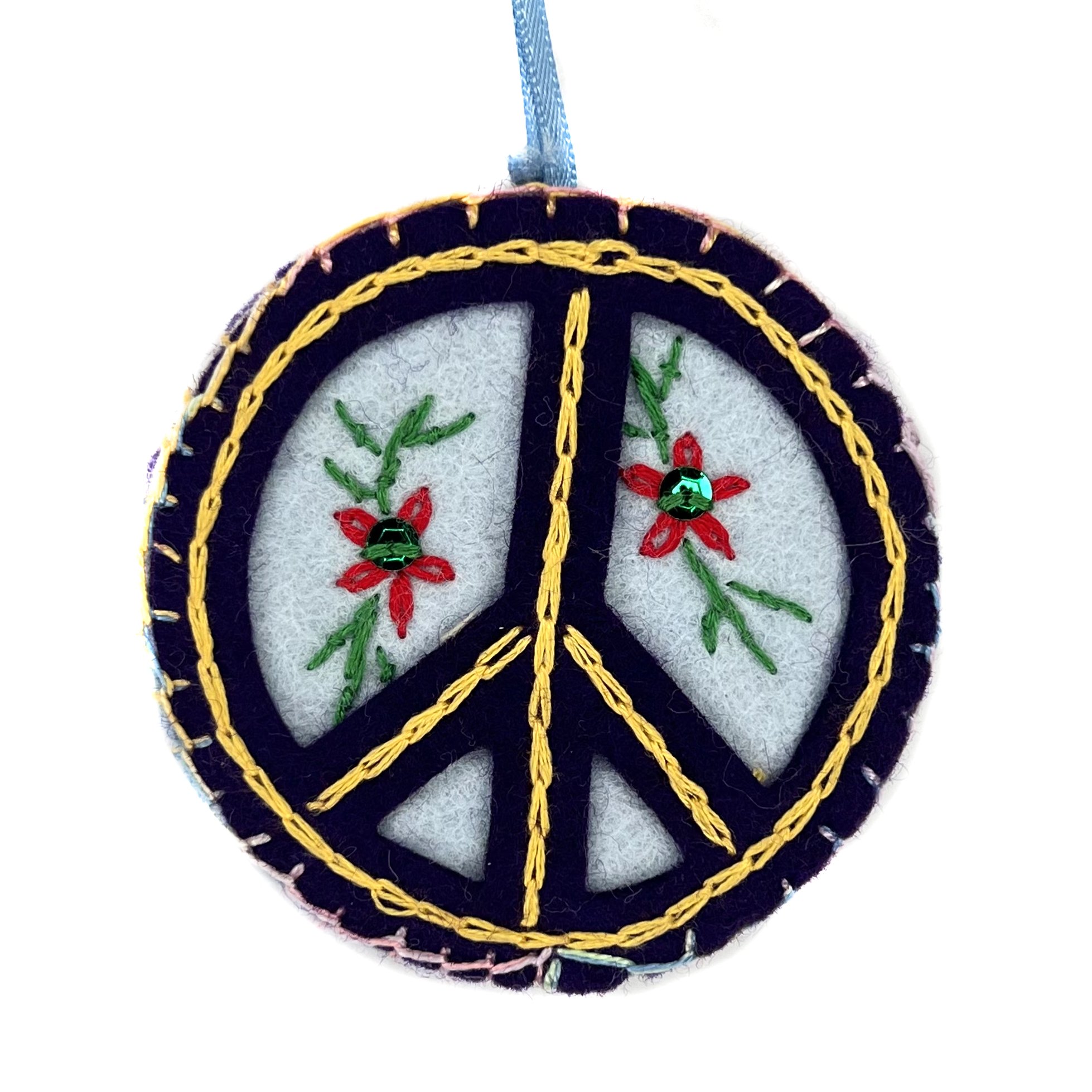 Hand-Embroidered Peace Sign Ornament by Kausar
