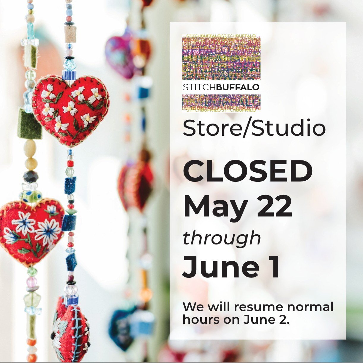 We're taking a little break, starting next week! Saturday, May 20, will be your last chance to shop in-store until we re-open on June 2. Our website store will remain open for orders to ship out.