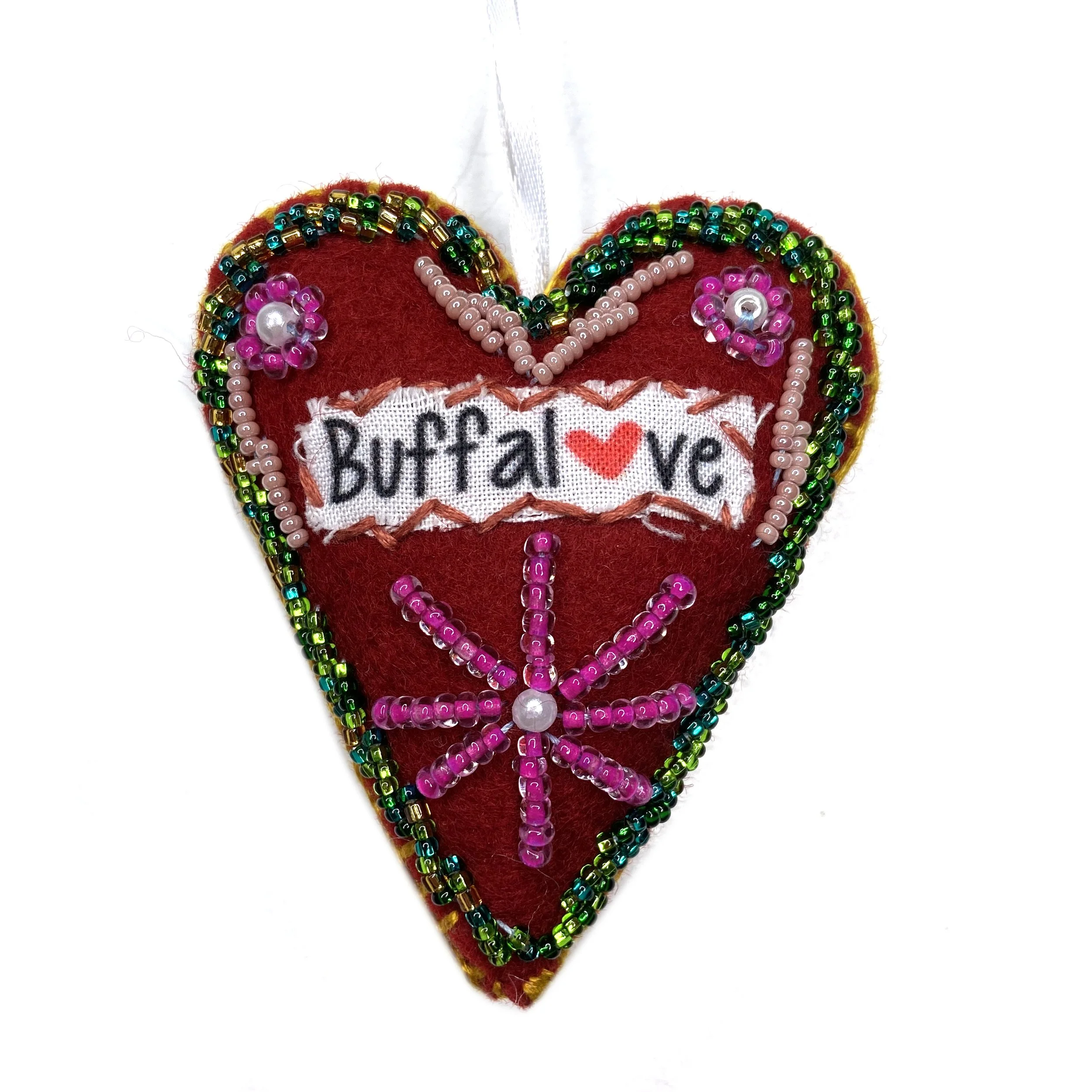 Buffalove Hand-Embroidered Heart Ornament—by Buddhi Rai