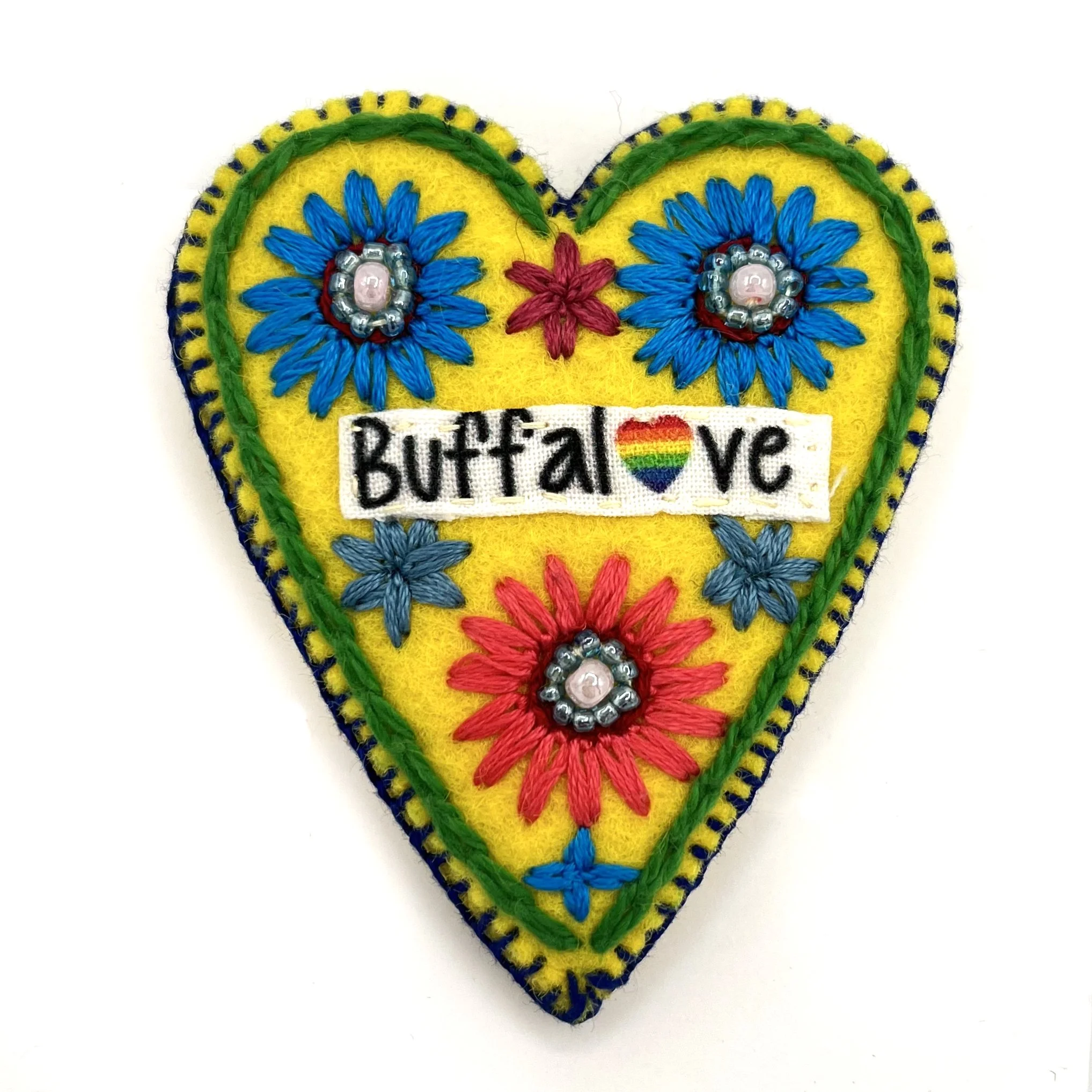 Hand-Embroidered Buffalove "Pride" Heart Pin by Budhi Rai