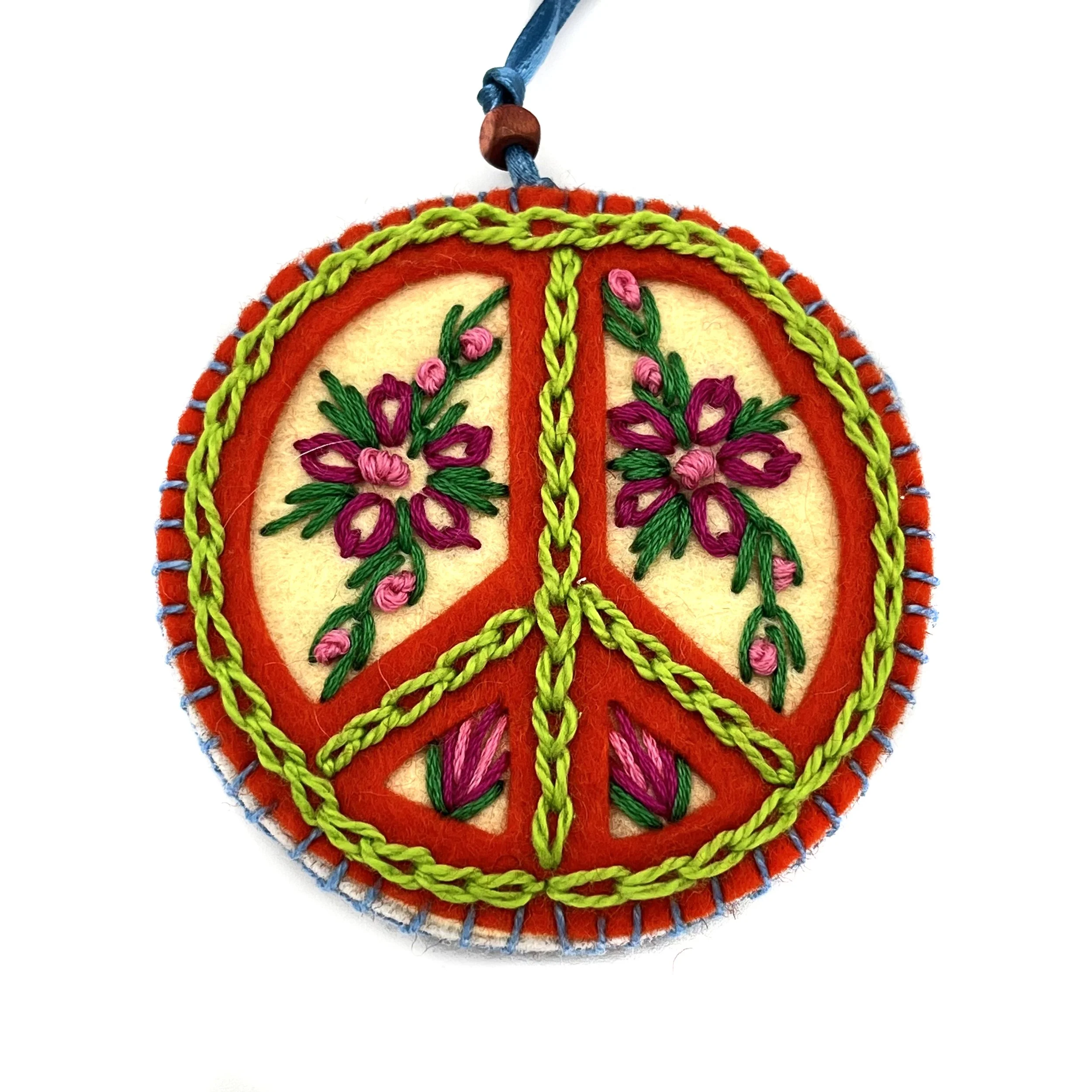 Hand-Embroidered Peace Sign Ornament by Lung