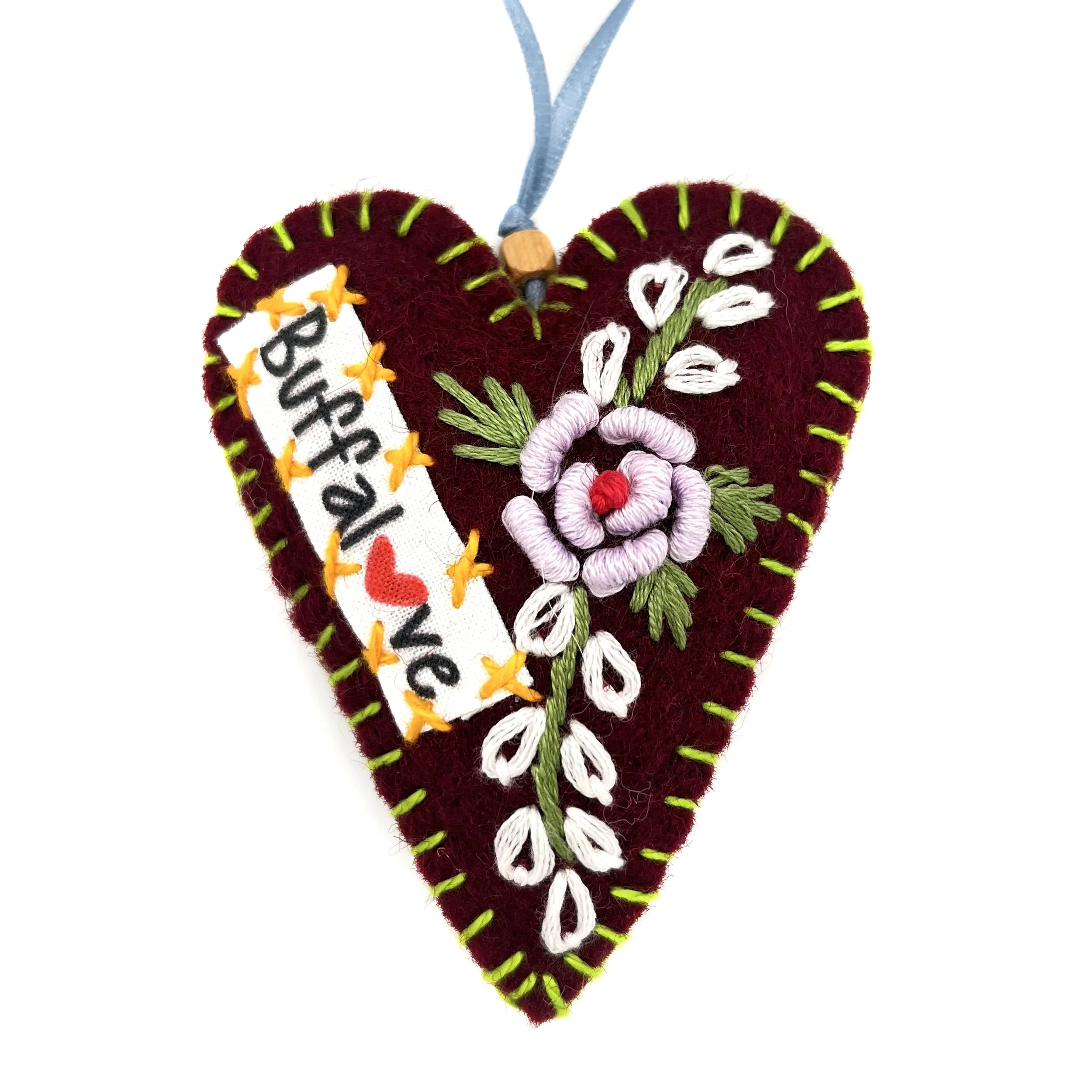 Buffalove Hand-Embroidered Heart Ornament—by Lung