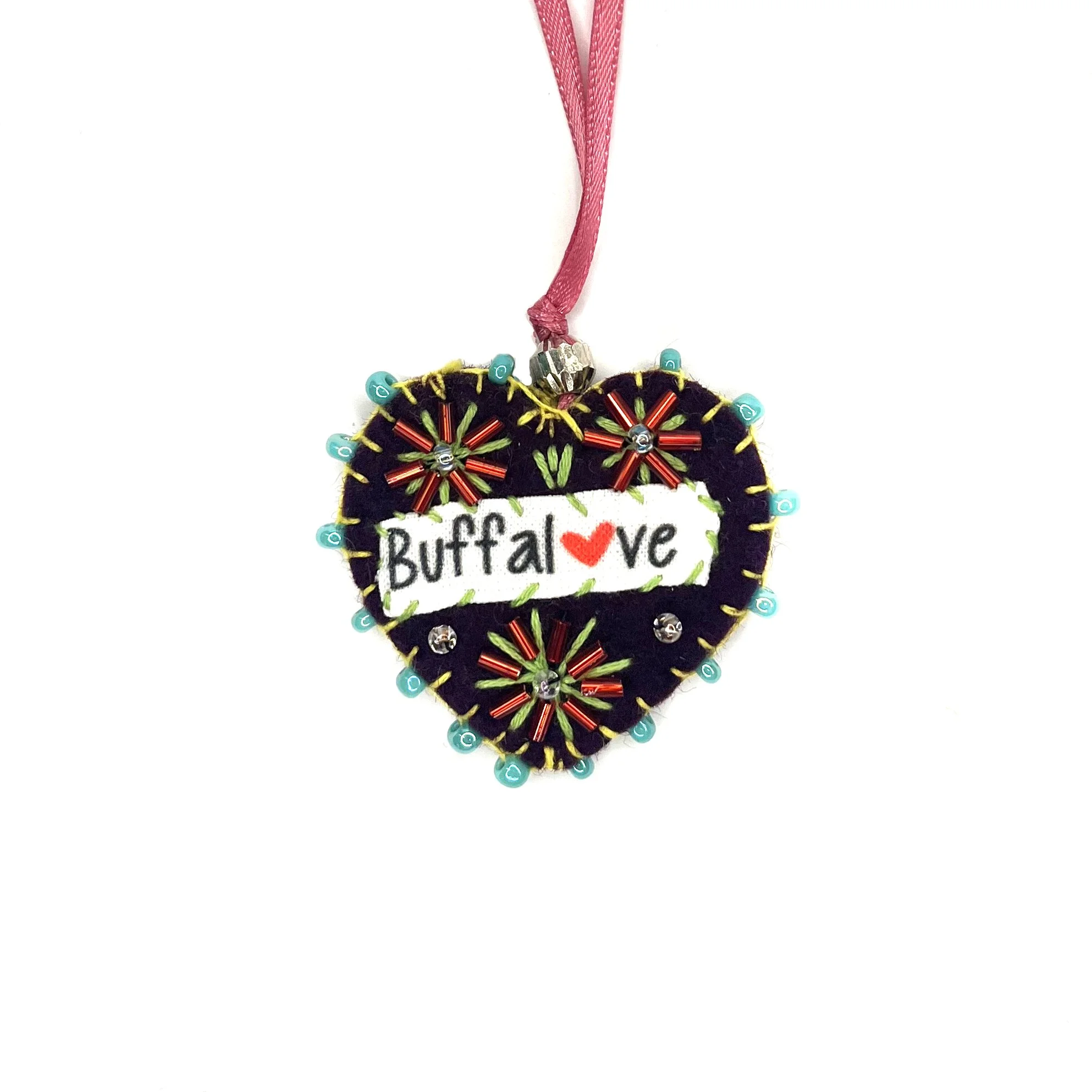 Buffalove Hand-Embroidered Mini Heart Ornament—by Maimana