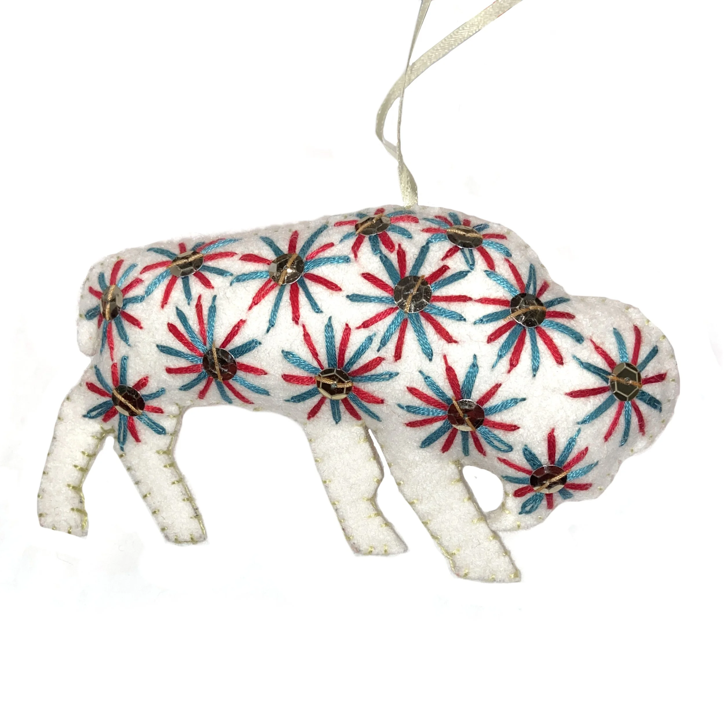 Large Hand-Embroidered Buffalo Ornament by Mandari