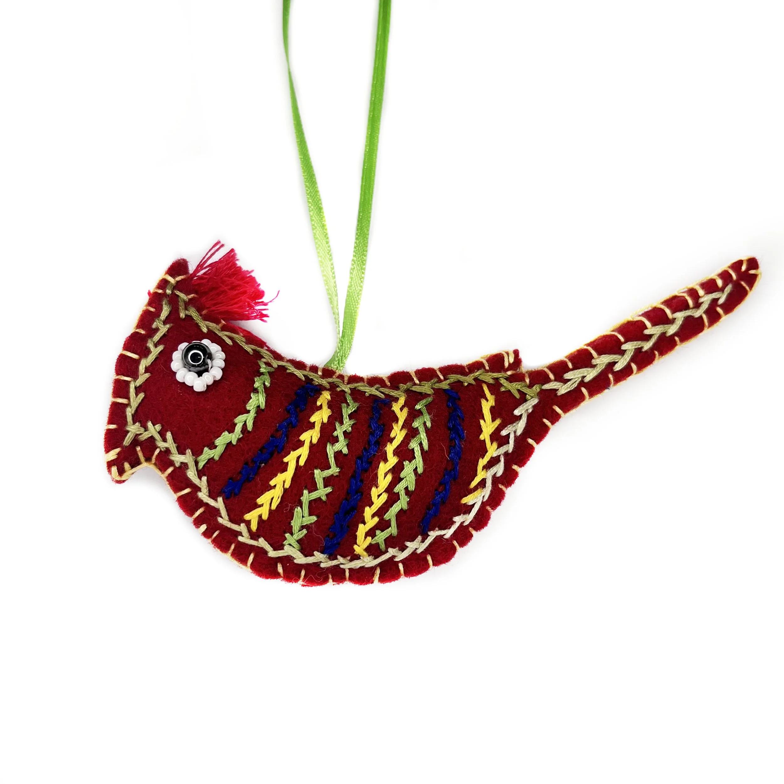 Hand-Embroidered Cardinal Ornament by Mahjabin