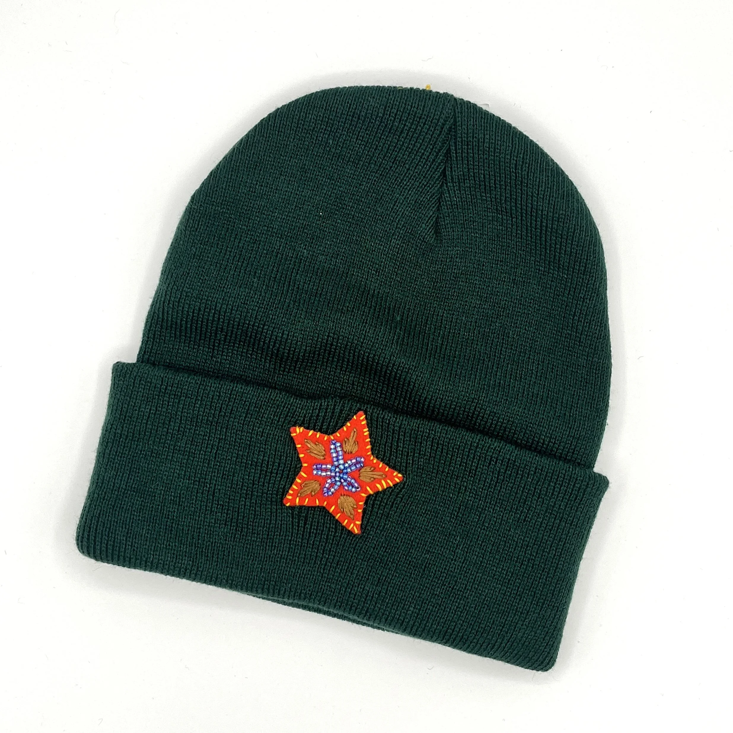 Knit Cap with Hand-Embroidered Star Patch (Adult, One Size)—by Tila