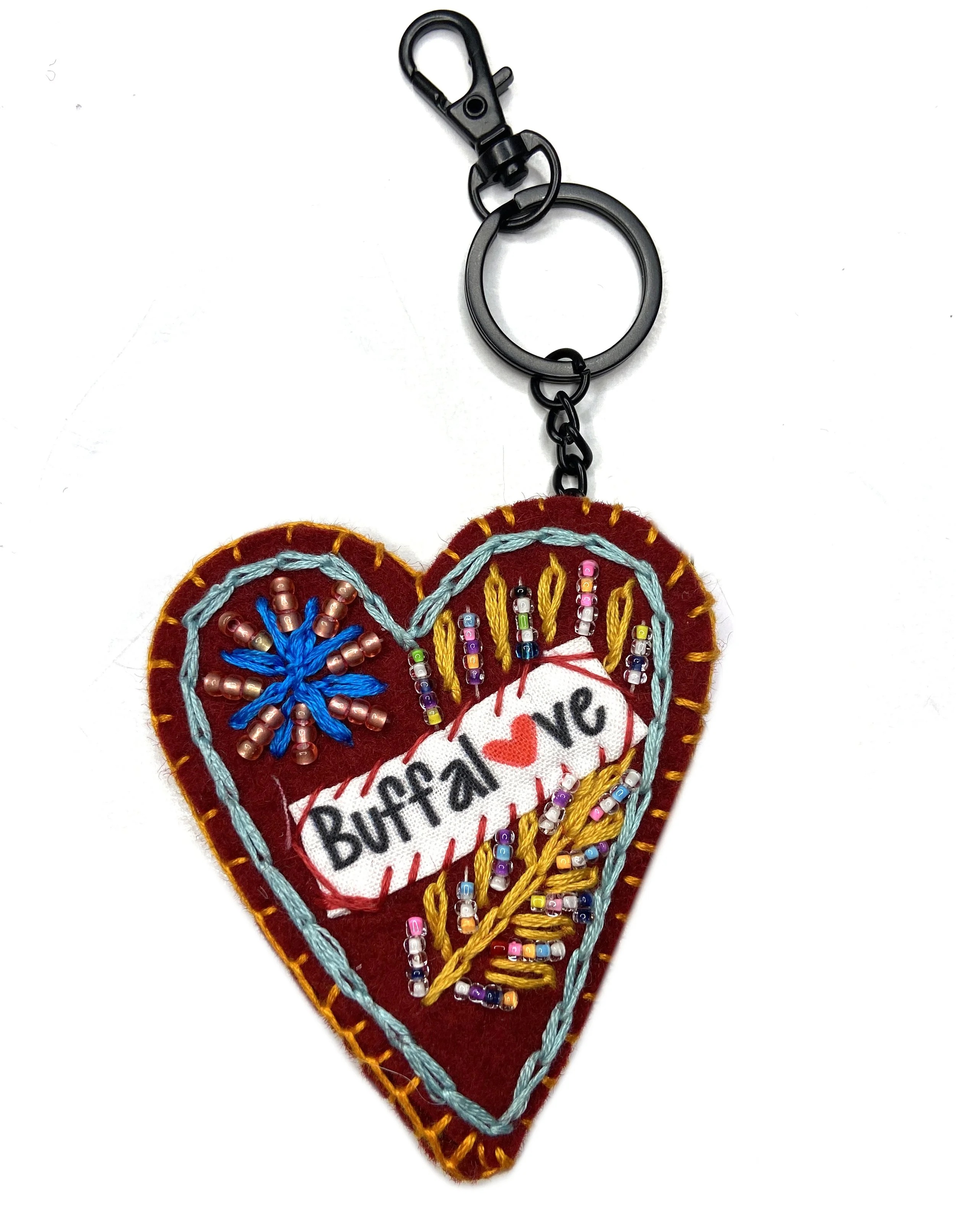 Buffalove Hand-Embroidered Heart Keychain—by Tila