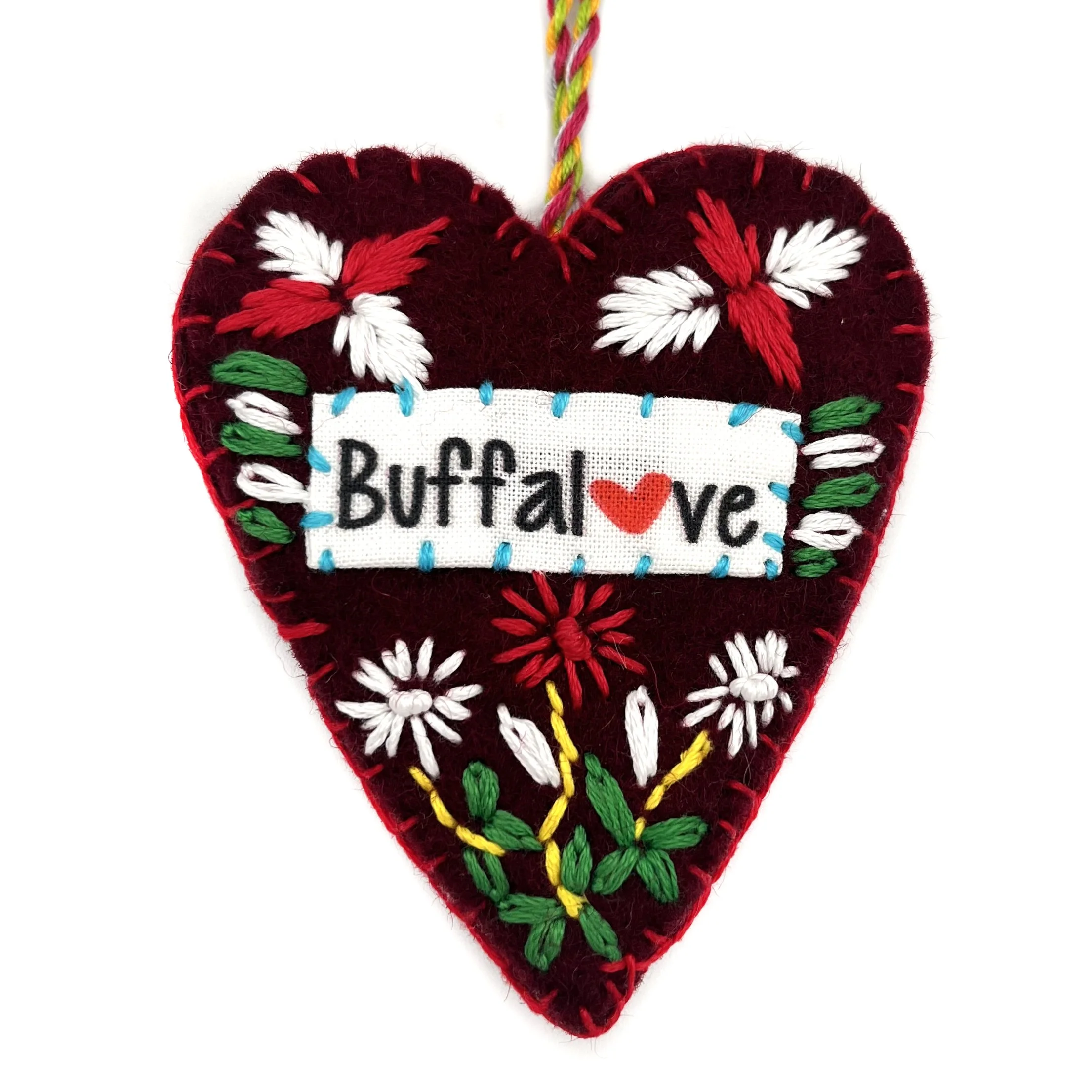 Buffalove Hand-Embroidered Heart Ornament—by Tika