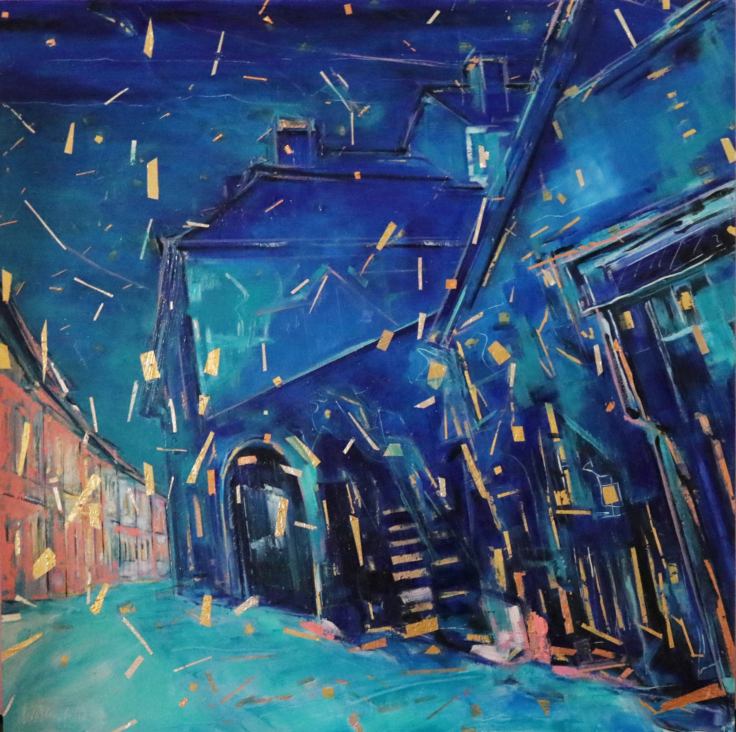 Icicles, like daggers, in the wind upon my hometown, 30"x30"