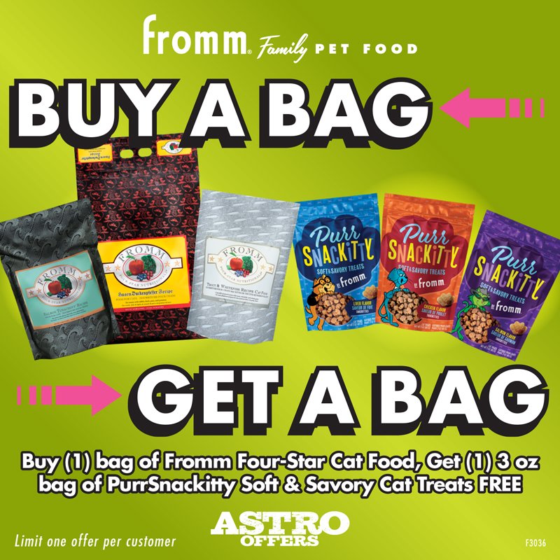 Fromm | Buy (1) bag of Fromm Four-Star Cat Food, Get (1) 3oz bag of PurrSnackitty Soft &amp; Savory Cat Treats FREE!