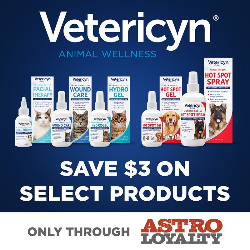 Vetericyn | Save $3.00 on select Vetericyn products. Offer includes Feline Facial Therapy, Feline Hydrogel, Feline Wound &amp; Skin Care, Canine Hot Spot Spray, and All Animal Hydrogel 3oz.