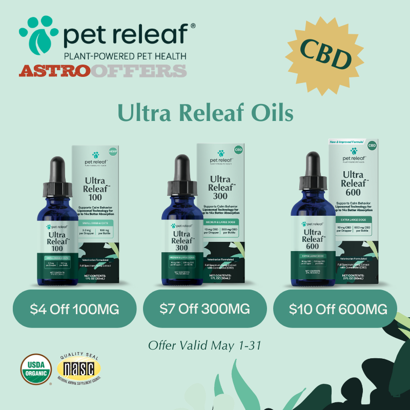 Pet Releaf | Save $5.00 on 100mg, $7.00 on 300mg, and $10.00 on 600mg Ultra Releaf Liposomal Oils.