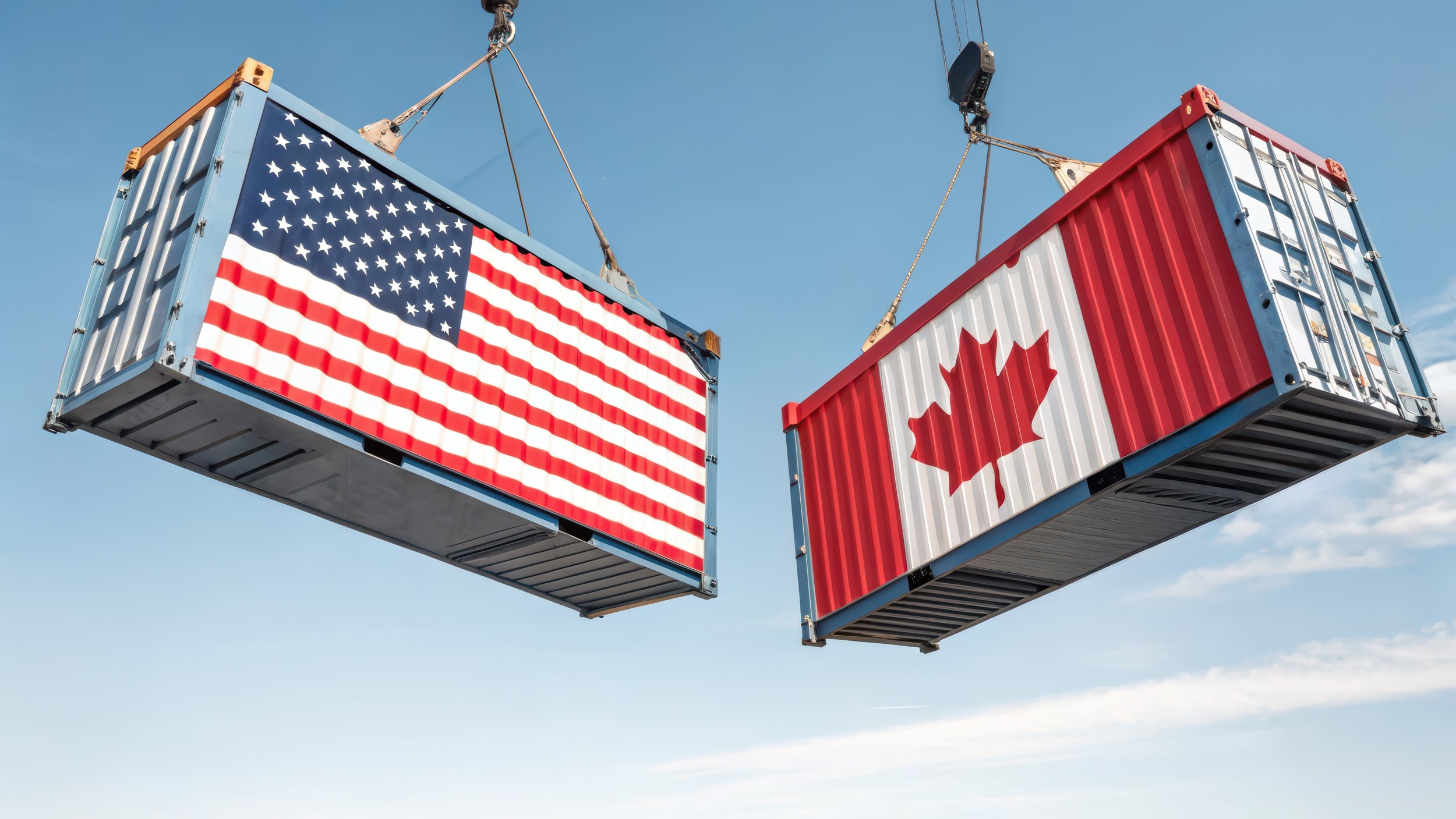 US & Canadian shipping containers hanging in the sky