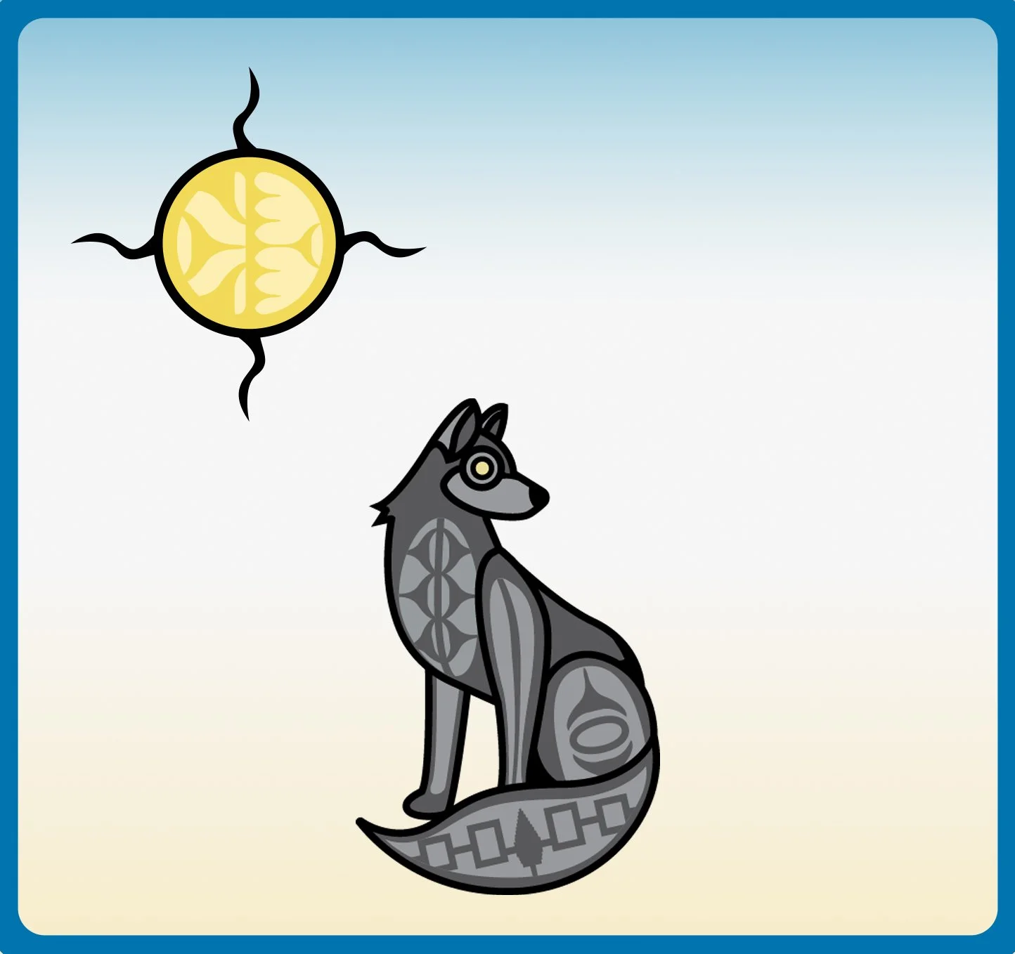 Sun and grey wolf on blue to yellow gradient background