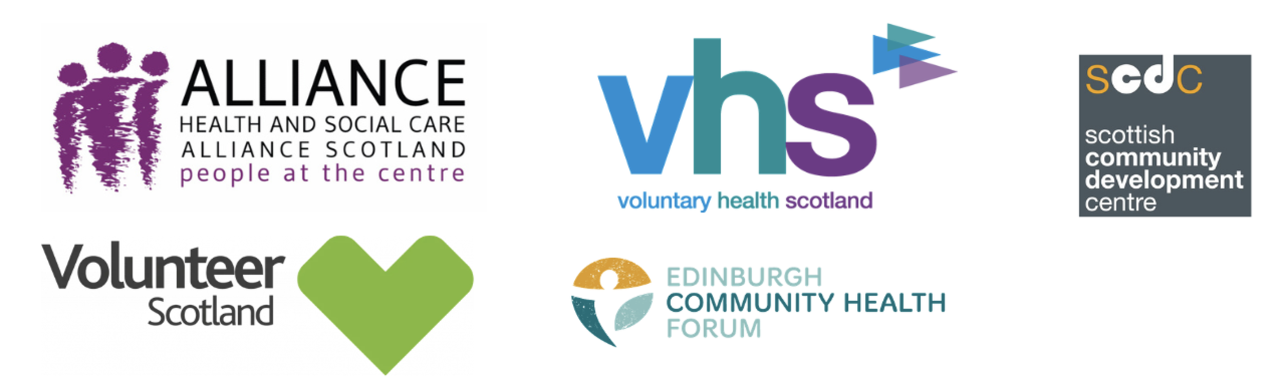 Logos of The Alliance, VHS, SCDC, Volunteer Scotland and Edinburgh Community Forum