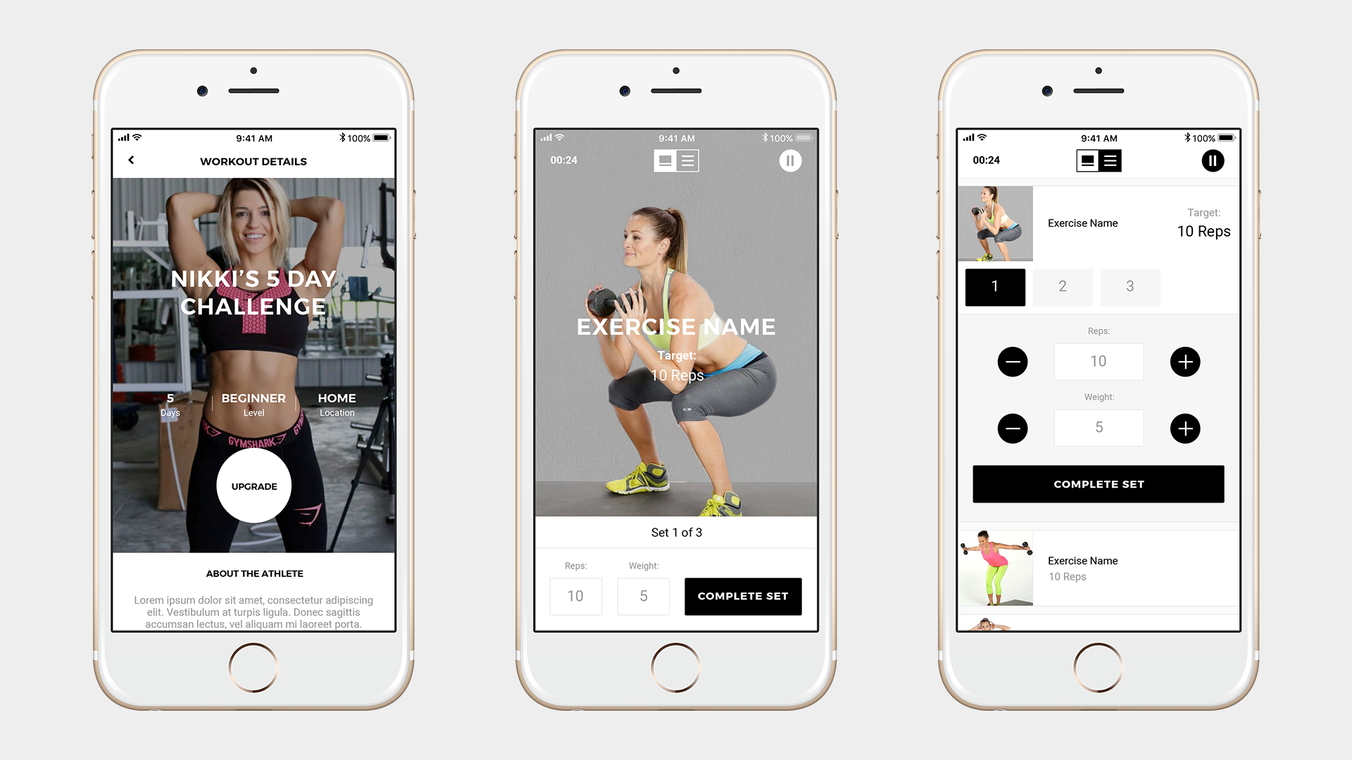 The app also features a full guided workout section which needed to be heavily gesture based in order to give users as streamlined an experience as possible for their workouts.